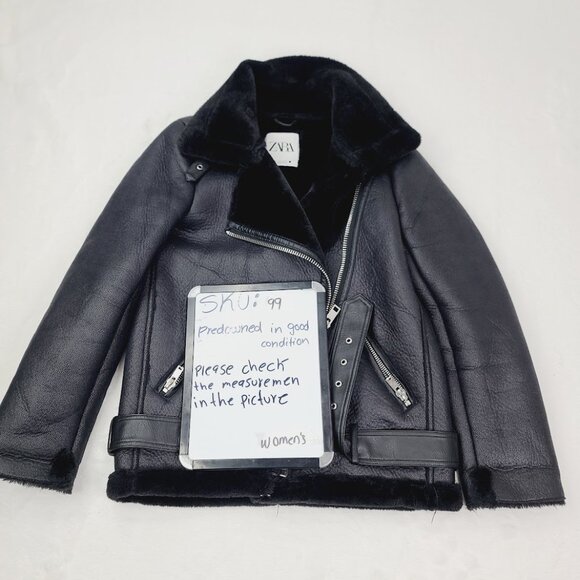 Zara Women's Black Aviator Faux Leather Shearling Double-Faced Biker Jacket XS - Picture 11 of 11